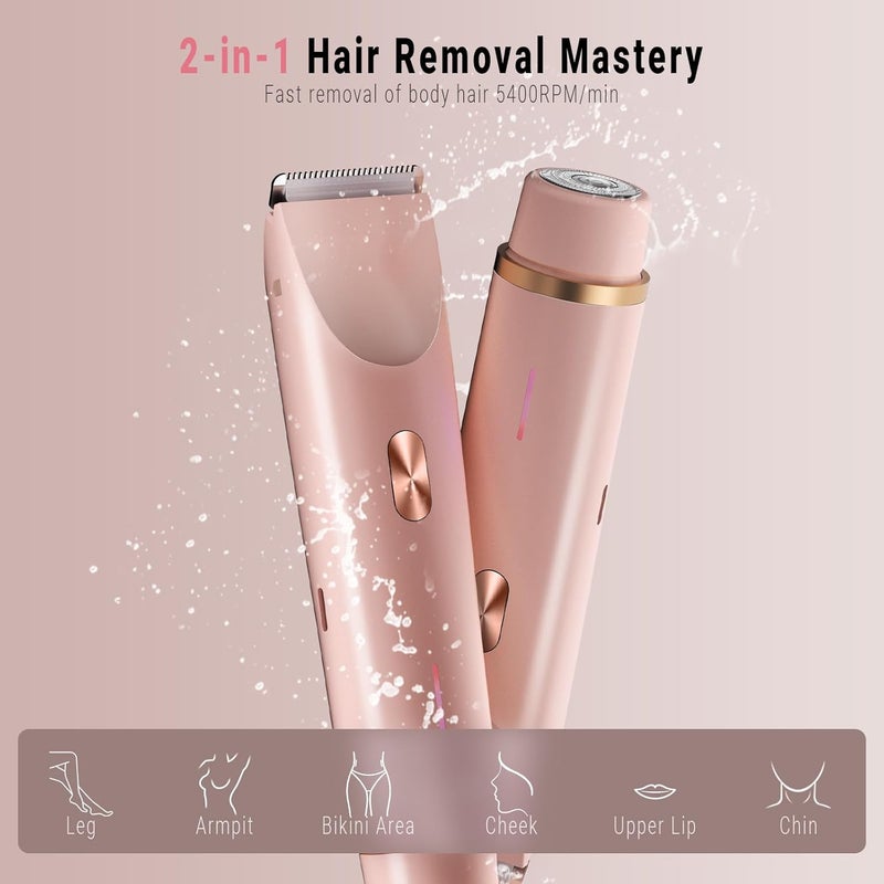 FIONOFY 2-in-1 Bikini Trimmer for Women, Bikini Shaver with Dual Heads, Body and Facial Hair Removal, Rechargeable Cordless Electric Razors for Face Chin Pubic Underarm Legs, IPX7 Waterproof, Pink - Image 2